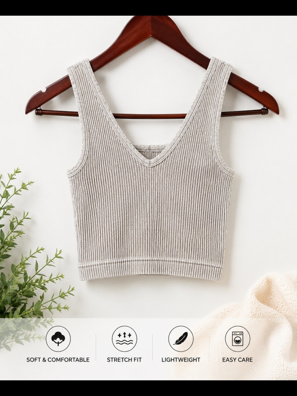 Zenana Outfitters Ribbed V-Neck Crop Top - Light Gray